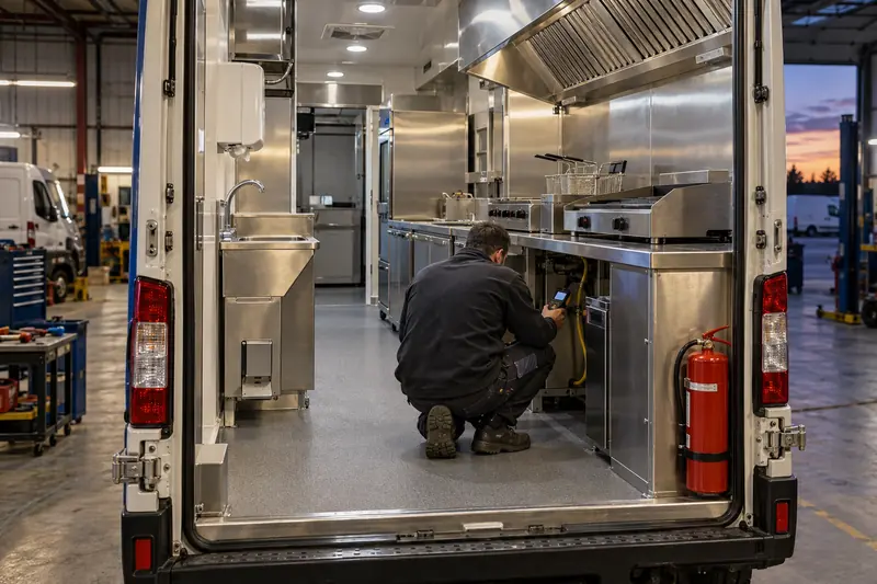 Intérieur d’un camion food truck aménagé homologué VASP : plan de travail inox, hotte, lave-mains et extincteur, contrôle du raccord gaz