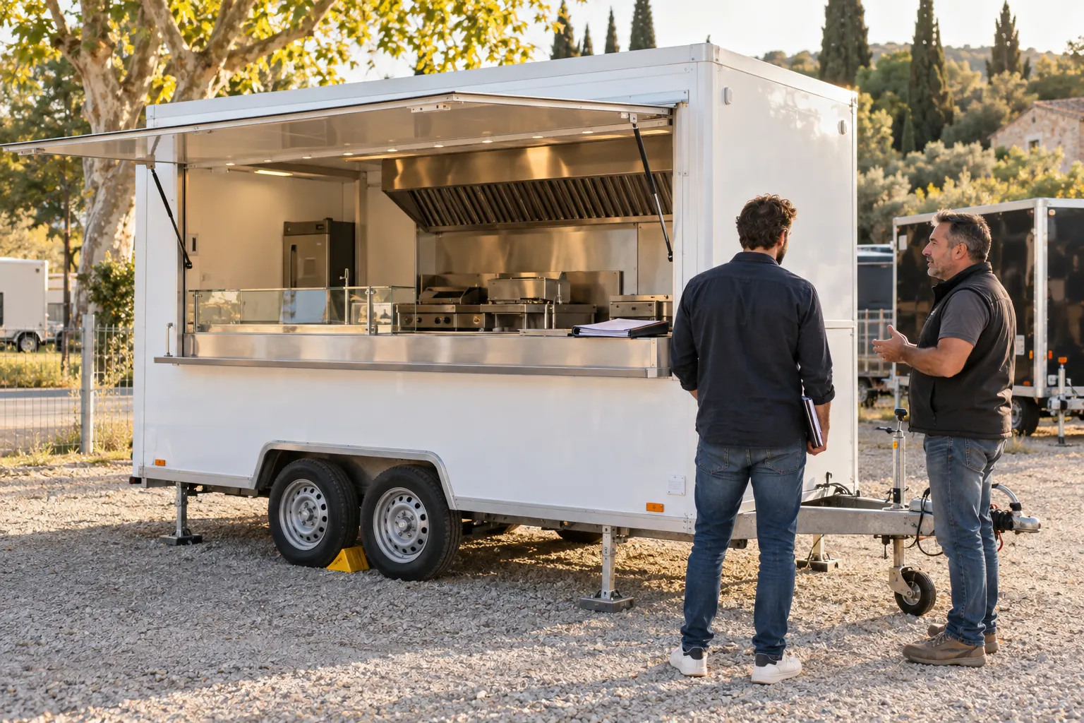 Remorque food truck d’occasion à vendre, baie de service ouverte, acheteur et vendeur qui discutent du prix sur un parking en Provence