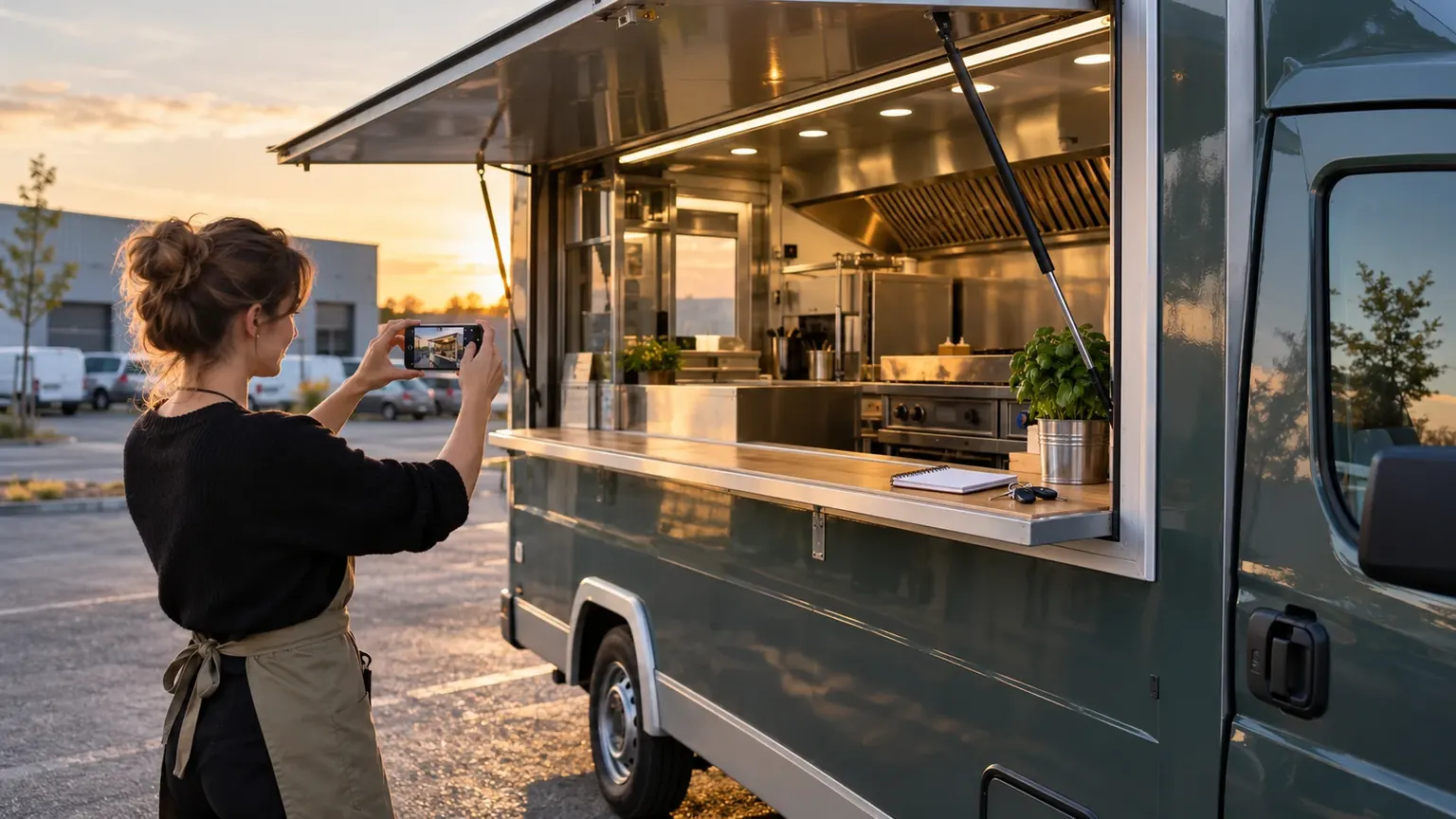Propriétaire photographiant son food truck, baie ouverte sur une cuisine en inox, au coucher du soleil